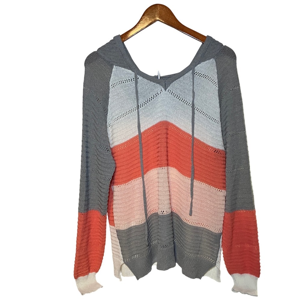 Womens Colorful Chevron Large Stripe Crochet Hoodie Sweater Coral Gray Pink